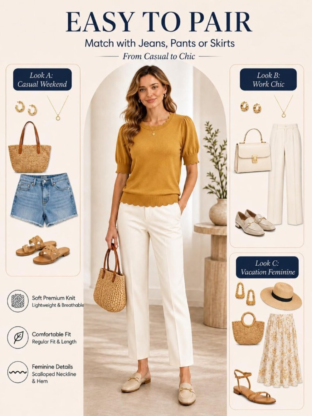 Women's Mustard Yellow short Sleeve Imported Pull On Casual Crew Neck Sweater - Picture 5 of 6
